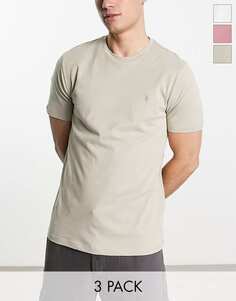 Набор из трех футболок AllSaints Brace из матового хлопка серо-зеленого/белого/розового цвета