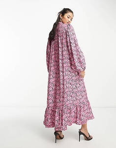Розовое свободное платье макси с объемными рукавами Edited