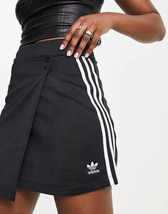 Черная мини-юбка с запахом и тремя полосками adidas Originals adicolor