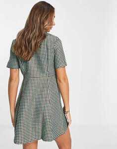 Жаккардовое мини-платье-рубашка Vila в зелено-коричневую клетку