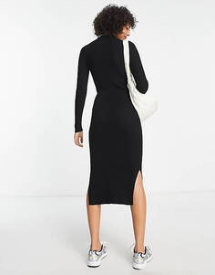 Черное платье миди в рубчик с разрезом по бокам New Look Tall