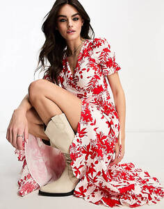 Красное льняное платье миди с запахом и цветочным принтом &amp; Other Stories