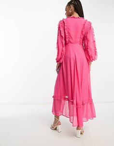 Ярко-розовое платье макси с оборками из добби-шифона Miss Selfridge