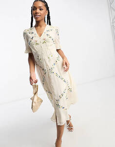 Кремовое платье миди с вышивкой на пуговицах Hope &amp; Ivy