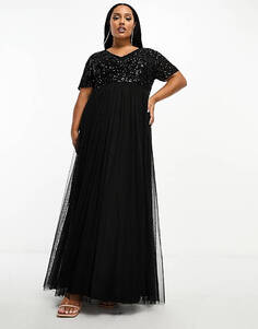 Черное платье макси из тюля с короткими рукавами и изящными пайетками Maya Plus Bridesmaid