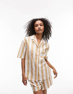 Светло-коричневый хлопковый комплект из рубашки в полоску с окантовкой и короткой пижамы Topshop
