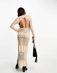 Кремовое платье макси с открытой спиной и длинными рукавами крючком Miss Selfridge