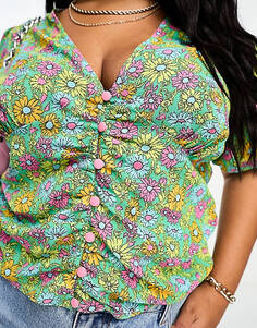 Блузка-футболка с пуговицами спереди и присборенной талией ASOS DESIGN Curve с ярким цветочным принтом в виде ромашек