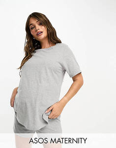 Эксклюзивная хлопковая пижама для кормящих мам ASOS DESIGN Maternity серого меланжевого цвета