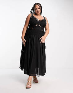 Черное платье-комбинация макси с ажурным узором и кулиской на талии ASOS DESIGN Curve