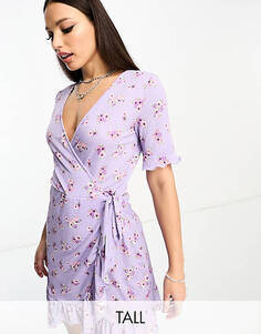 Эксклюзивное чайное платье мини с запахом сиреневого цвета с винтажным цветочным принтом JDY Tall