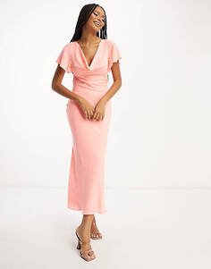 Сахарно-розовое платье миди с воротником-хомутом и развевающимися рукавами ASOS DESIGN