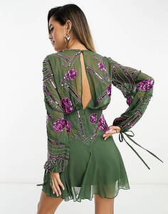 Зеленое платье мини с длинными рукавами и кружевными вставками и годе ASOS DESIGN