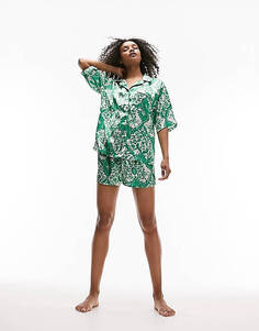 Зеленый атласный комплект из рубашки и короткой пижамы с принтом Topshop