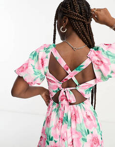 Шифоновое платье макси с пышными рукавами и деталью на спине Miss Selfridge розового цвета с цветочным принтом