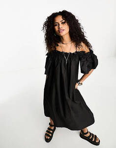 Черное свободное платье макси с завязками на плечах Object