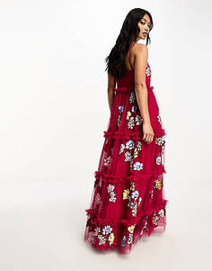 Бордовое платье миди с вышивкой и оборками Maya