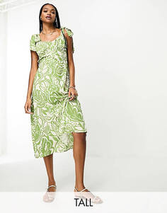 Зеленое платье миди с пуговицами и завязками на плечах River Island Tall