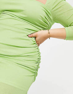 Зеленое платье миди со сборками и квадратным вырезом The Frolic Plus Unknown