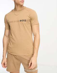 Бежевая пляжная футболка узкого кроя с повторяющимся логотипом в центре BOSS Swimwear