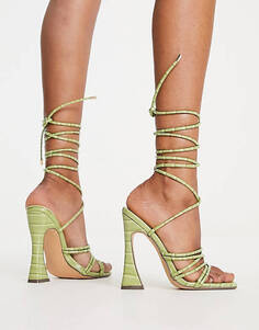 Гламурные босоножки на каблуке с ремешком на щиколотке зеленого крокодила Glamorous