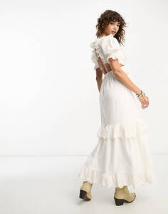 Белое платье макси с рюшами и открытой завязкой на спине, ограниченная серия Reclaimed Vintage