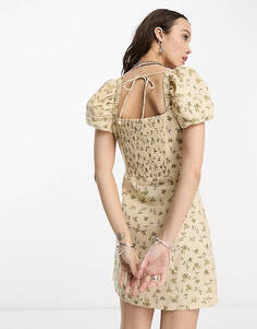 Чайное платье из льна Reclaimed Vintage с цветочным принтом и завязками спереди и сзади