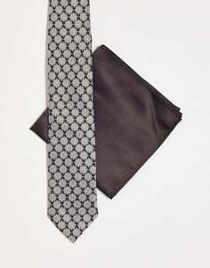 Узкий галстук и нагрудный платок ASOS DESIGN в коричнево-кремовом стиле в стиле 70-х годов