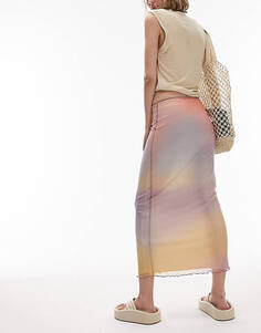 Разноцветная юбка миди с пастельной сеткой и размытым принтом Topshop Petite
