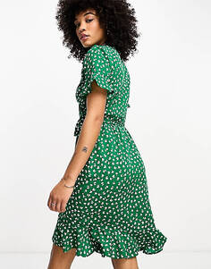 Зеленое мини-платье с запахом и оборками Only Only