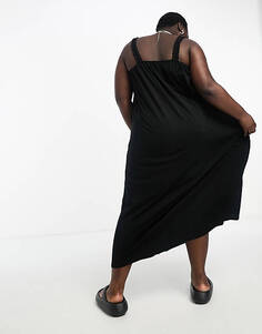 Черное платье миди с оборками и бретелями Only Curve