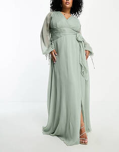 Оливковое платье макси с длинными рукавами, сборками и юбкой с запахом ASOS DESIGN Curve