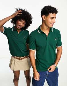 Зеленая футболка-поло унисекс с двумя кончиками и логотипом Fred Perry