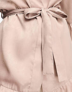 Атласный мини-халат с рюшами и рукавами Luna Bridesmaid пыльно-розового цвета