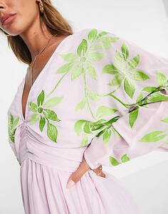Сиреневое плиссированное платье макси с зеленой вышивкой ASOS DESIGN Unknown