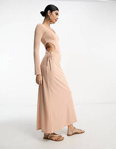 Светло-розовое платье макси со сборками и длинными рукавами ASOS DESIGN