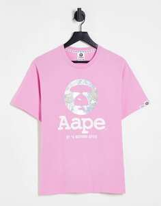 Розовая футболка с камуфляжным принтом и фольгой Aape By A Bathing Ape OG Moonface