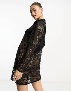 Черное кружевное платье-рубашка мини с оборками London