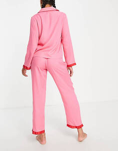 Розовая и красная пижамная рубашка из модала с контрастной оборкой ASOS DESIGN mix &amp; match