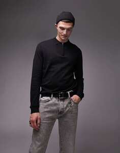 Черная трикотажная рубашка-поло на молнии Topman Essential
