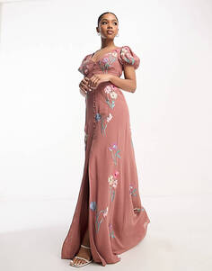 Карамельно-розовое платье макси с пышными рукавами и вышивкой Maya