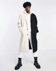 Черно-белое шерстяное пальто свободного кроя ASOS DESIGN