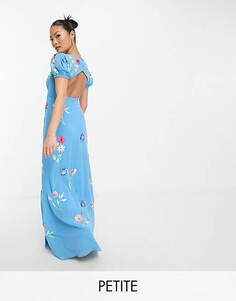 Синее платье макси с пышными рукавами и вышивкой Maya Petite