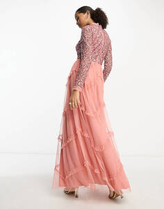 Нежное терракотово-розовое платье макси с юбкой макси с длинными рукавами и рюшами Maya