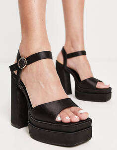 Черные босоножки на каблуке с квадратным носком на двойной платформе New Look