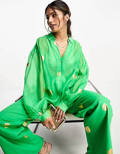 Комбинированная рубашка оверсайз зеленого цвета с эффектом металлик Never Fully Dressed