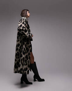 Длинное сатиновое деловое пальто Topshop с леопардовым принтом