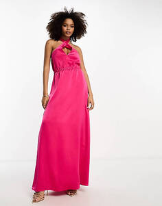 Ярко-розовое атласное платье макси с воротником-халтером YAS Bridesmaid Y.A.S