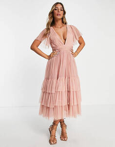 Розовое тюлевое платье с v-образным вырезом и кружевом Bridesmaid Bridesmaid Madison Lace & Beads