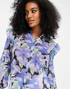 Прозрачная блузка на пуговицах Mango с ярким цветочным принтом